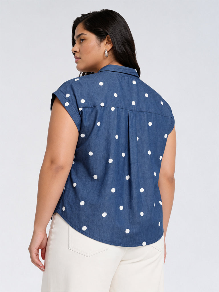 Gia Blue Polka Dot Printed Denim Shirt