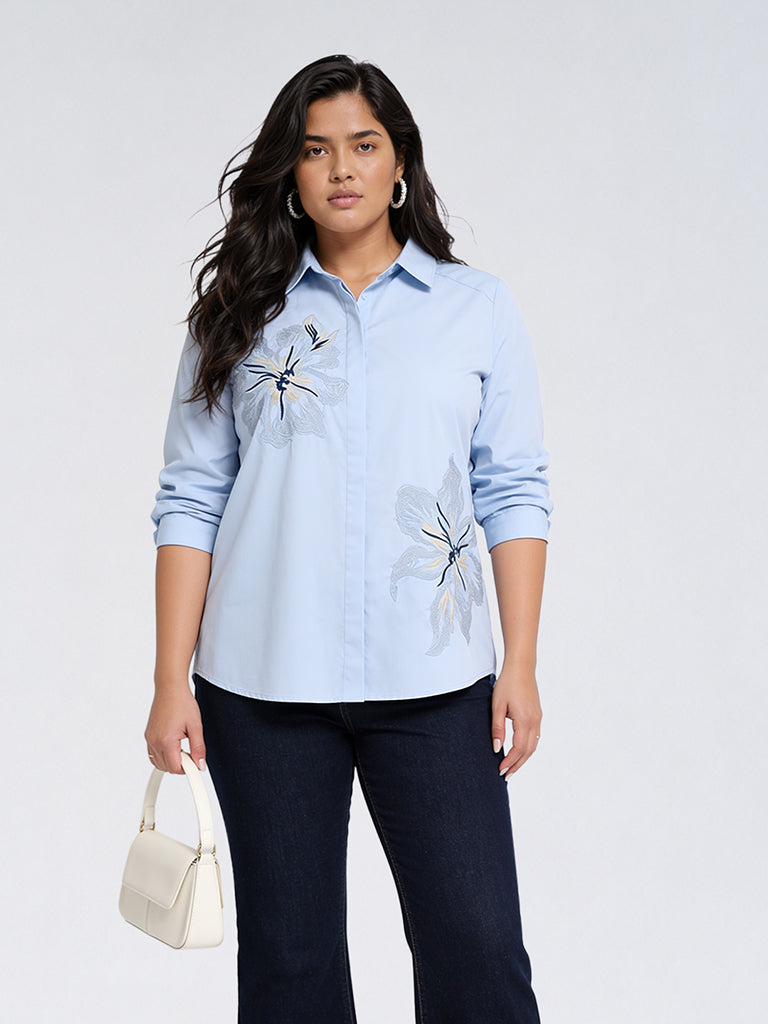 Gia Light Blue Floral Embroidered Shirt