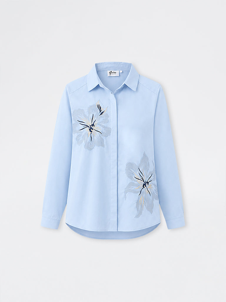 Gia Light Blue Floral Embroidered Shirt