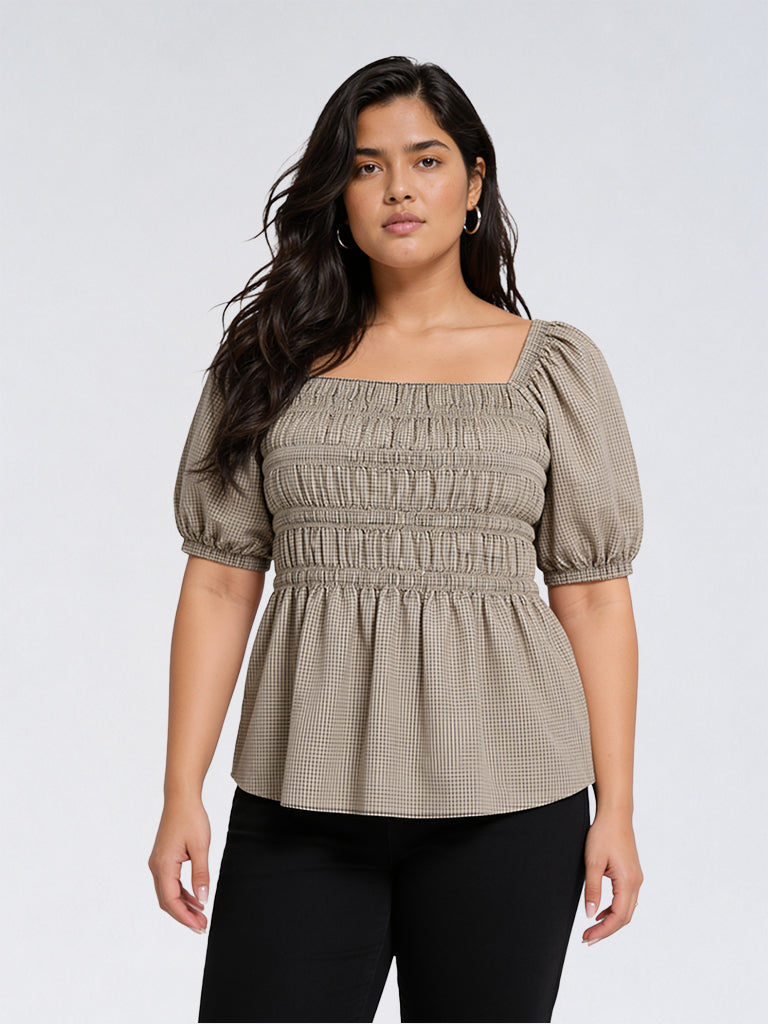 Gia Dark Taupe Checkered Smocked Cotton Top
