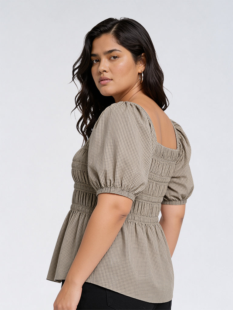 Gia Dark Taupe Checkered Smocked Cotton Top