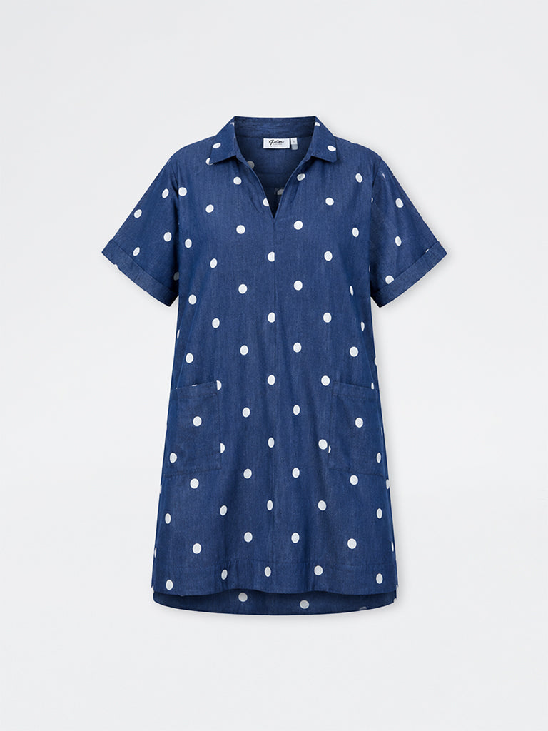 Gia Blue Polka Dot Printed Straight Denim Dress