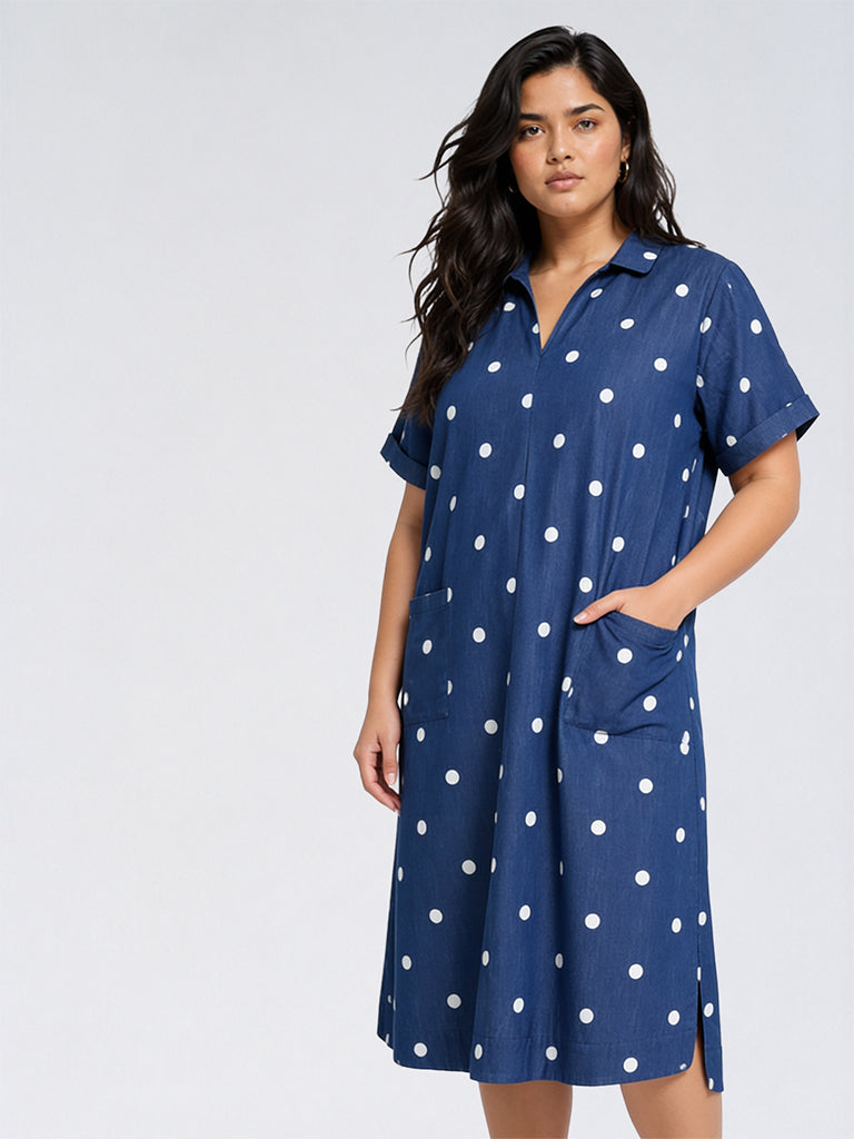Gia Blue Polka Dot Printed Straight Denim Dress