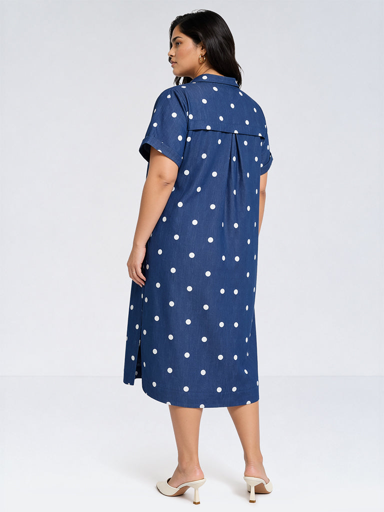 Gia Blue Polka Dot Printed Straight Denim Dress