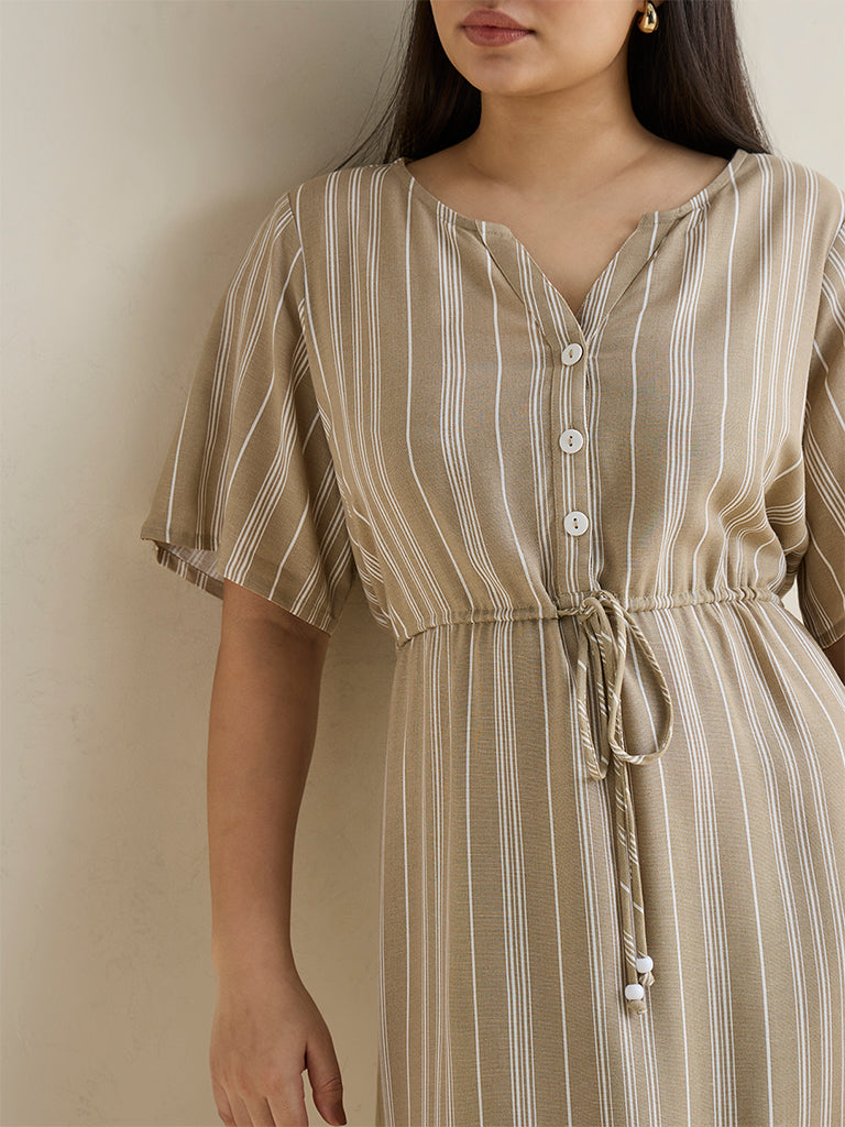 Gia Beige Striped A-Line Dress