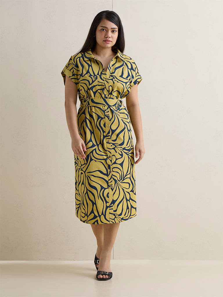 Gia Lime Abstract Pattern Cotton Shirt Dress with Belt