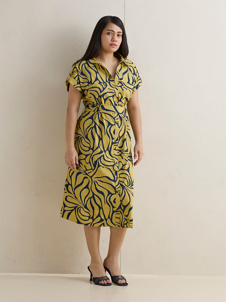 Gia Lime Abstract Pattern Cotton Shirt Dress with Belt
