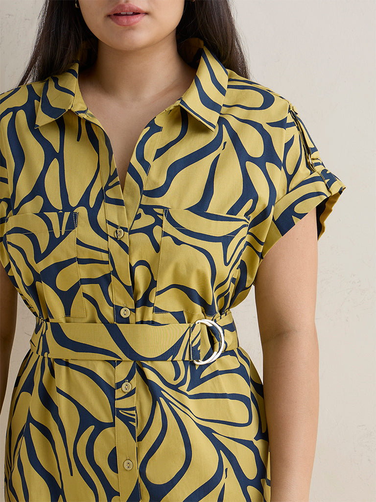 Gia Lime Abstract Pattern Cotton Shirt Dress with Belt