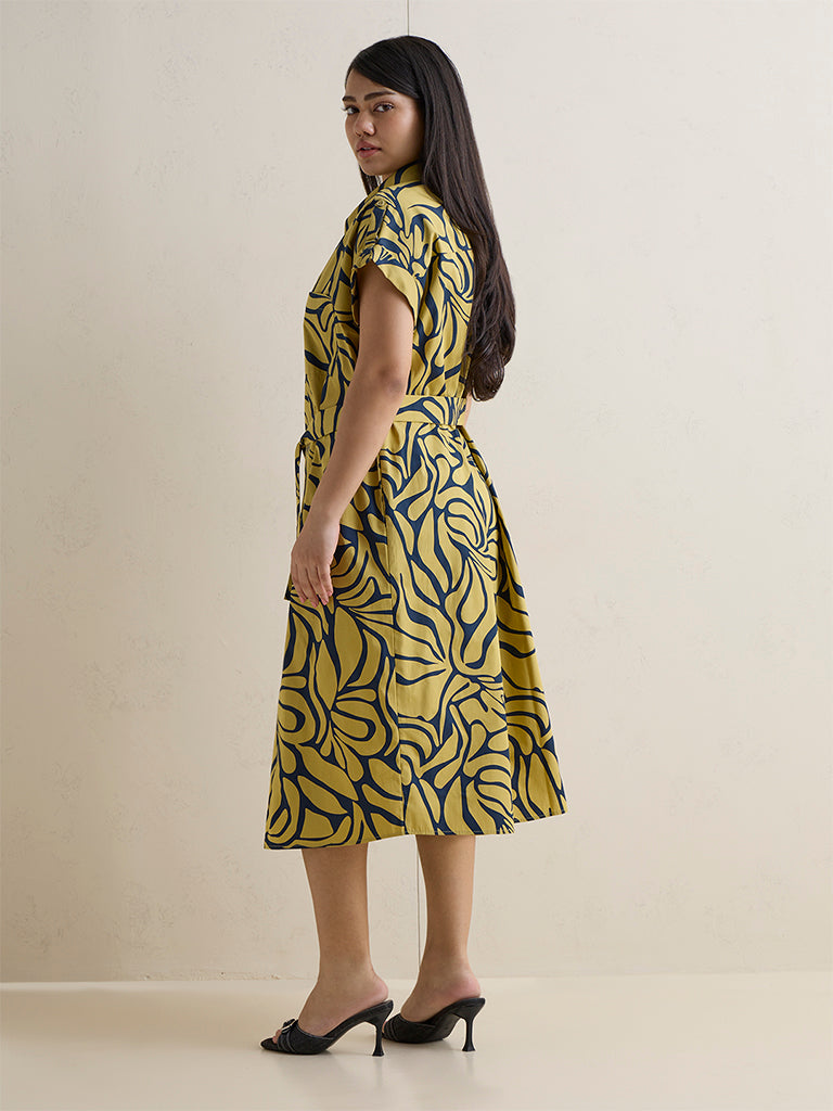 Gia Lime Abstract Pattern Cotton Shirt Dress with Belt
