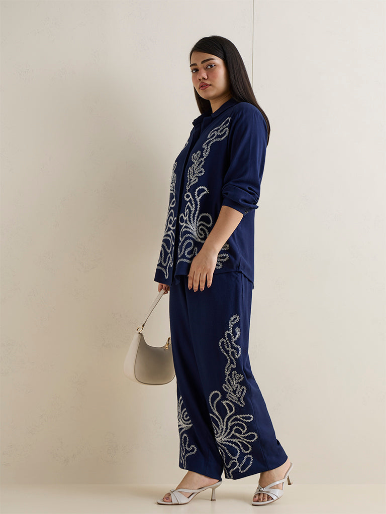 Gia Navy Embroidered High-Rise Trousers