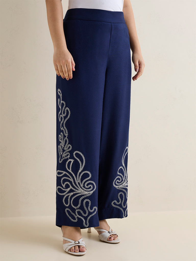 Gia Navy Embroidered High-Rise Trousers