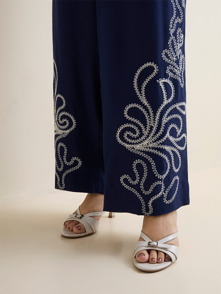 Gia Navy Embroidered High-Rise Trousers