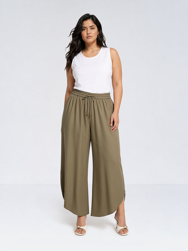 Gia Olive Solid High-Rise Cotton-Blend Trousers