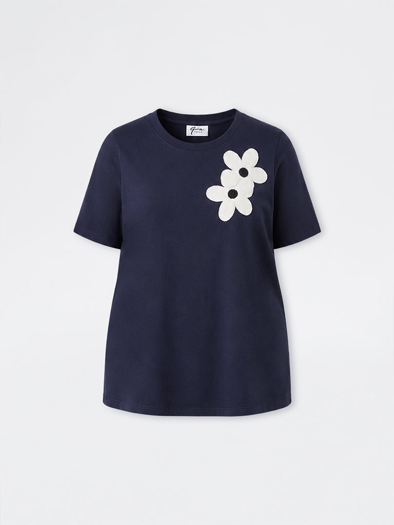 Gia Navy Floral Embroidered Cotton-Blend T-Shirt
