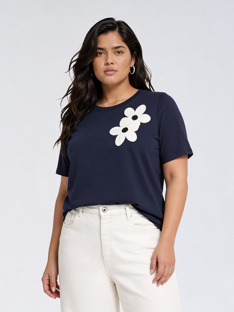 Gia Navy Floral Embroidered Cotton-Blend T-Shirt