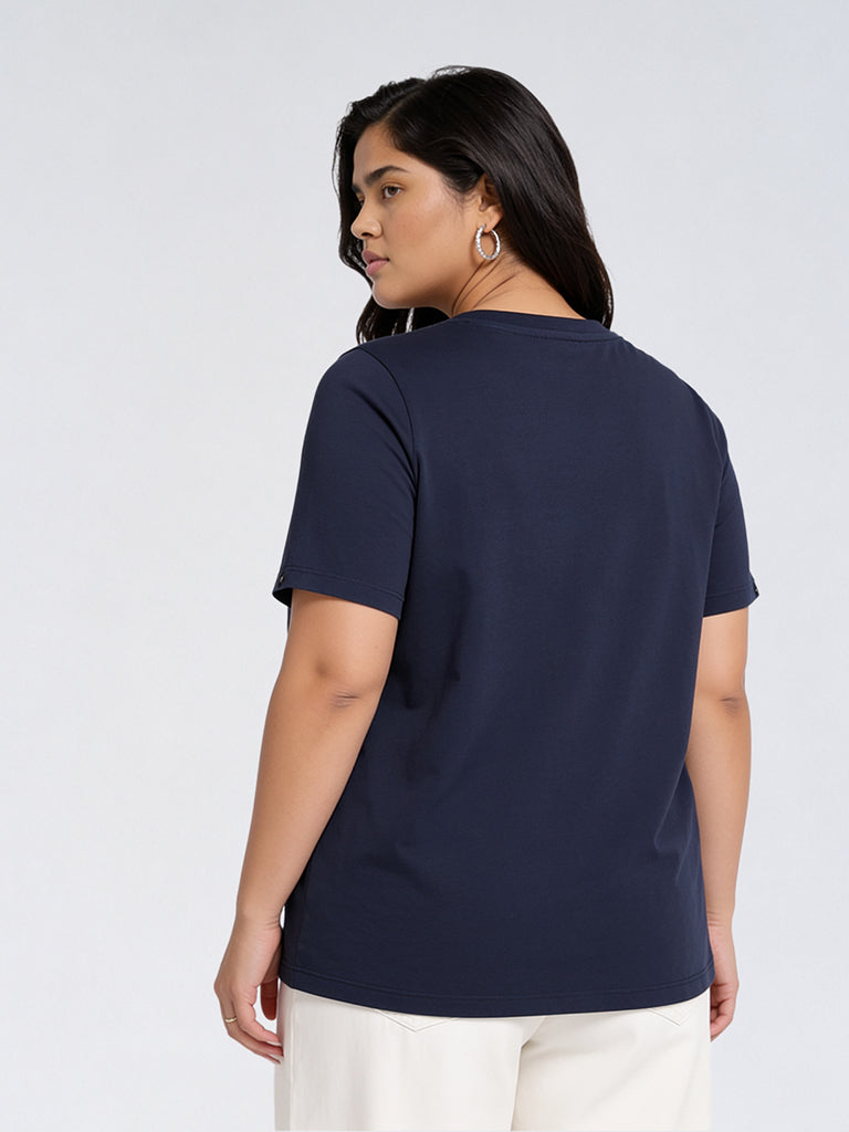 Gia Navy Floral Embroidered Cotton-Blend T-Shirt