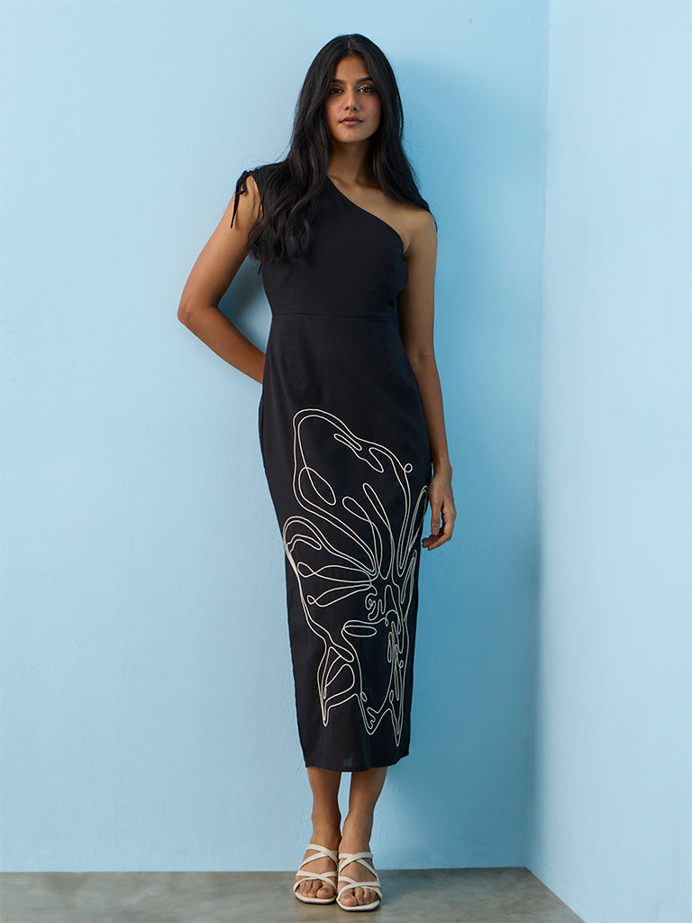 LOV Black Floral Embroidered One-Shoulder Cotton-Blend A-Line Dress