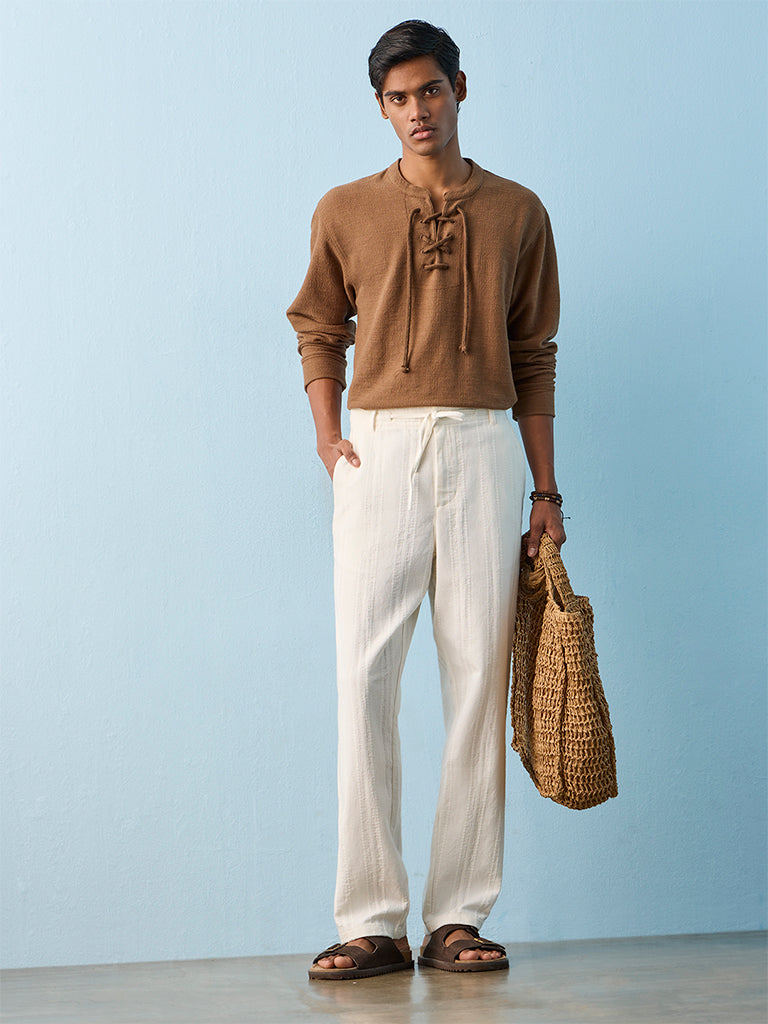 ETA Off-White Stripe Embroidered Relaxed-Fit Mid-Rise Cotton Chinos