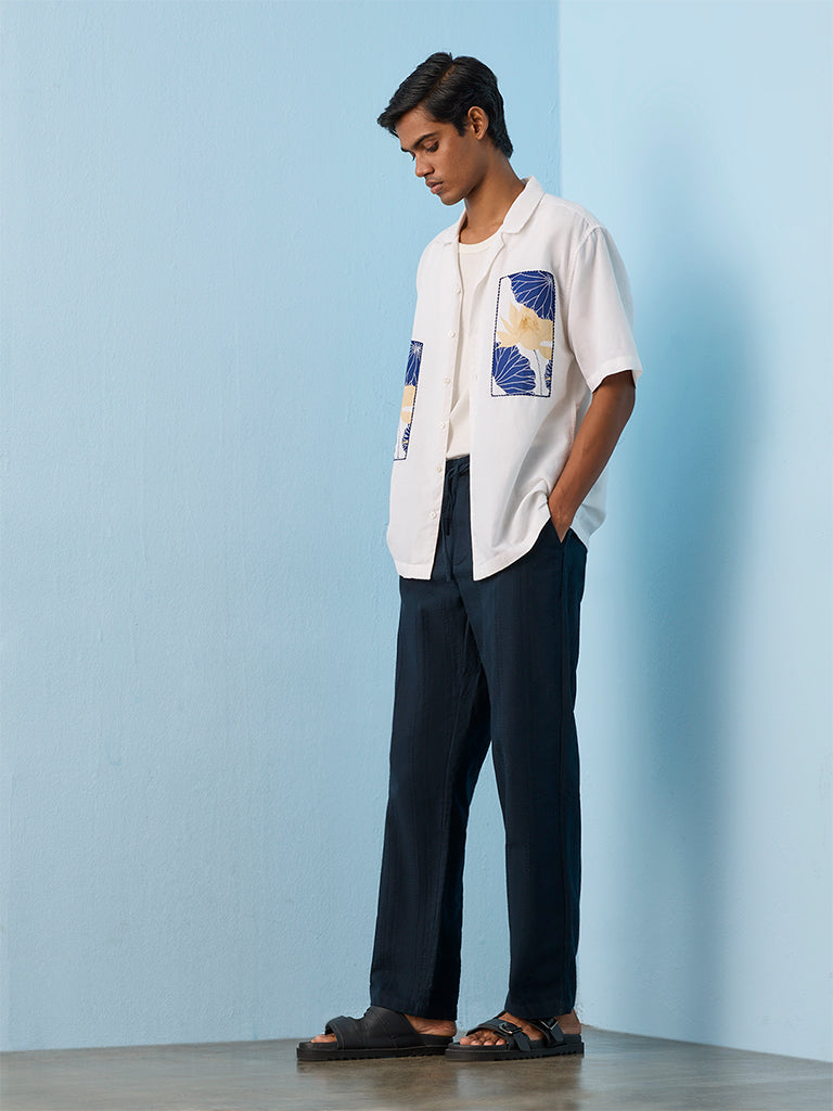 ETA Navy Stripe Embroidered Relaxed-Fit Mid-Rise Cotton Chinos