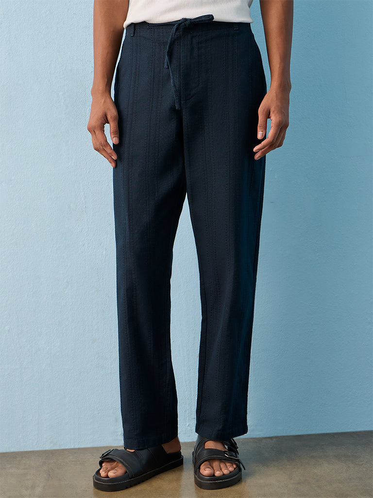 ETA Navy Stripe Embroidered Relaxed-Fit Mid-Rise Cotton Chinos