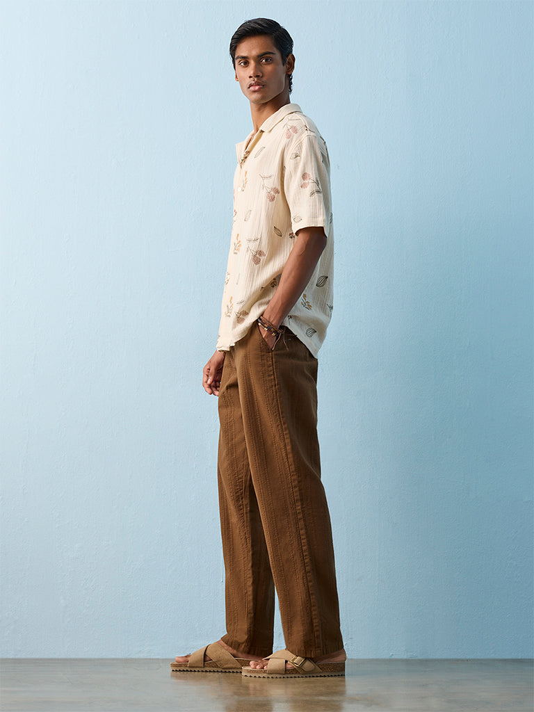 ETA Brown Stripe Embroidered Relaxed-Fit Mid-Rise Cotton Chinos