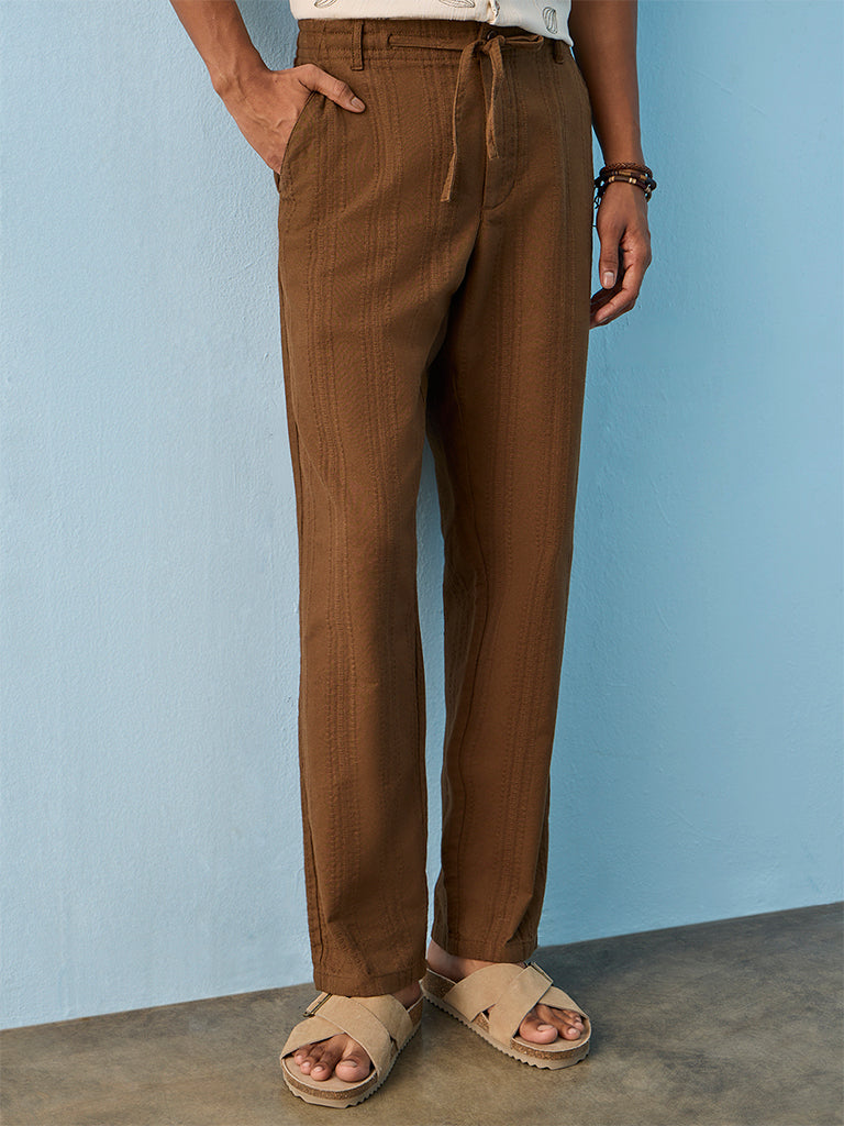 ETA Brown Stripe Embroidered Relaxed-Fit Mid-Rise Cotton Chinos