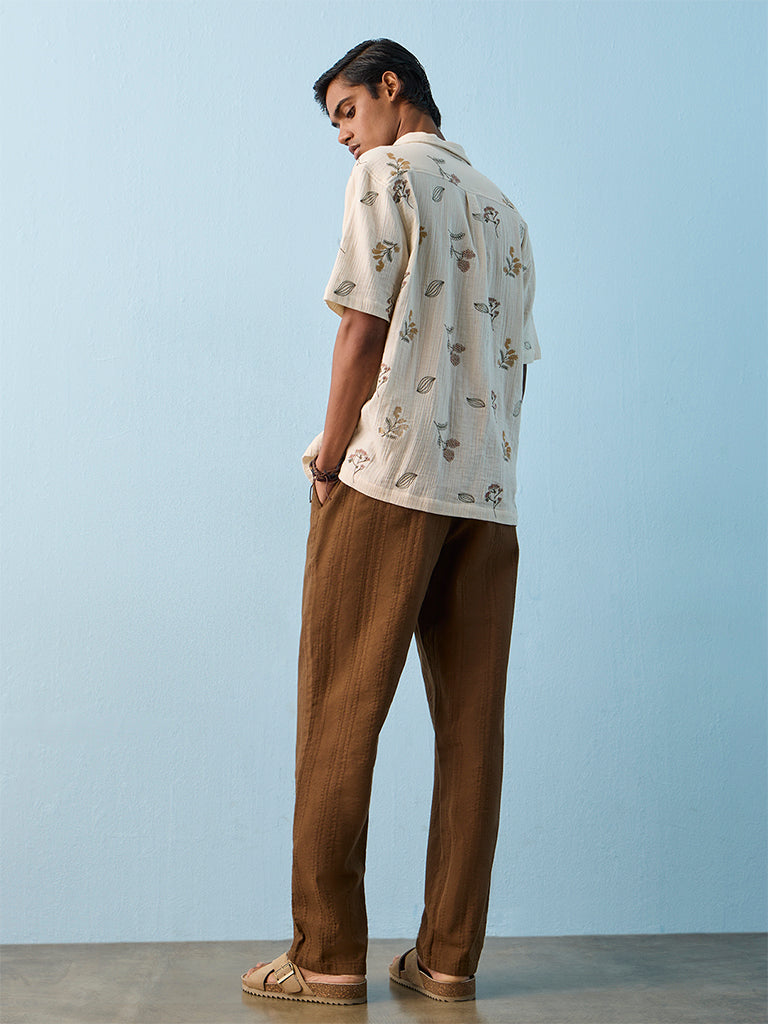 ETA Brown Stripe Embroidered Relaxed-Fit Mid-Rise Cotton Chinos