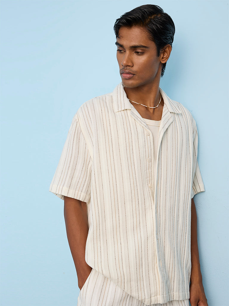 ETA Off White Striped Embroidered Relaxed-Fit Cotton Shirt