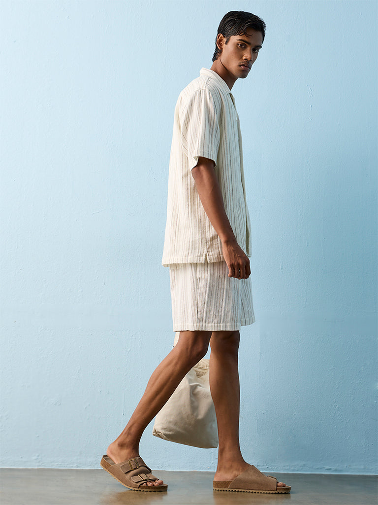 ETA Off White Striped Embroidered Relaxed-Fit Cotton Shirt