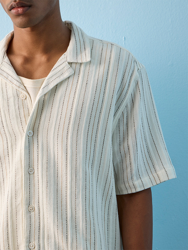 ETA Off White Striped Embroidered Relaxed-Fit Cotton Shirt
