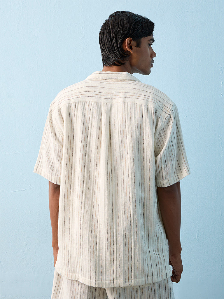 ETA Off White Striped Embroidered Relaxed-Fit Cotton Shirt