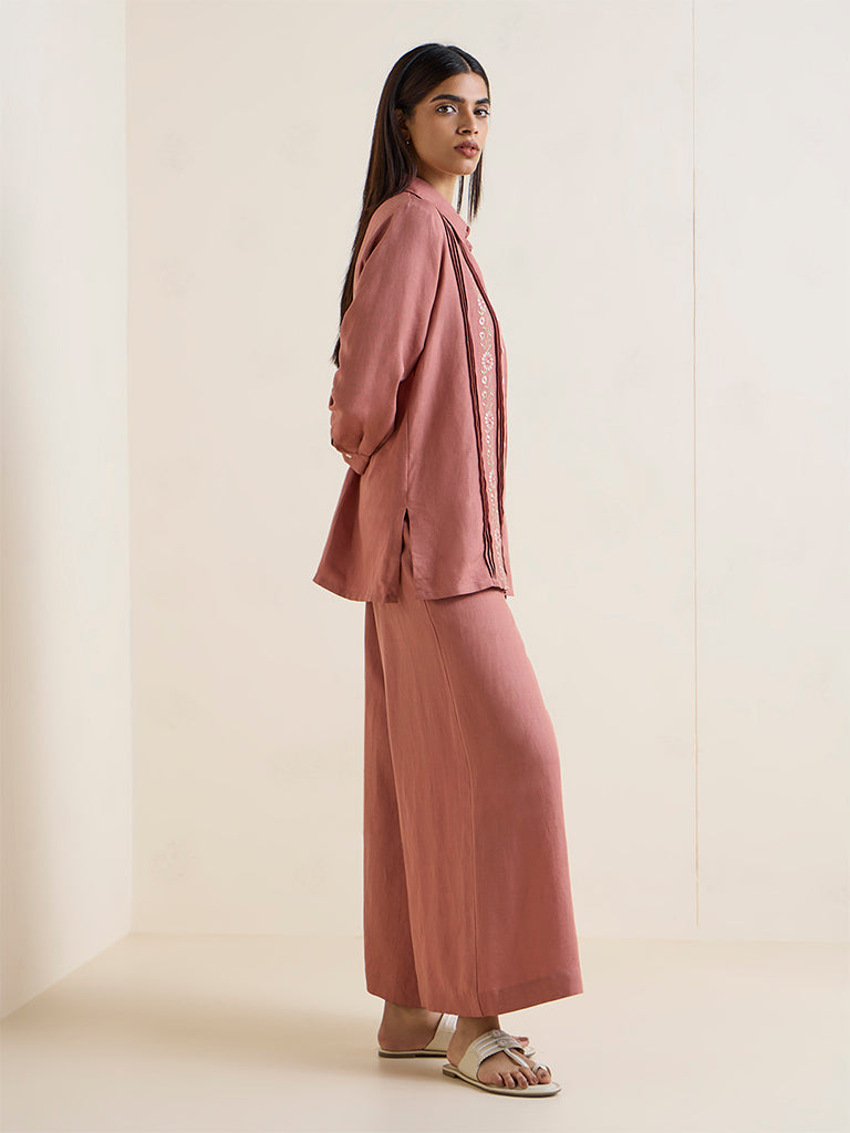 Zuba Dusty Pink Linen-Blend Palazzos