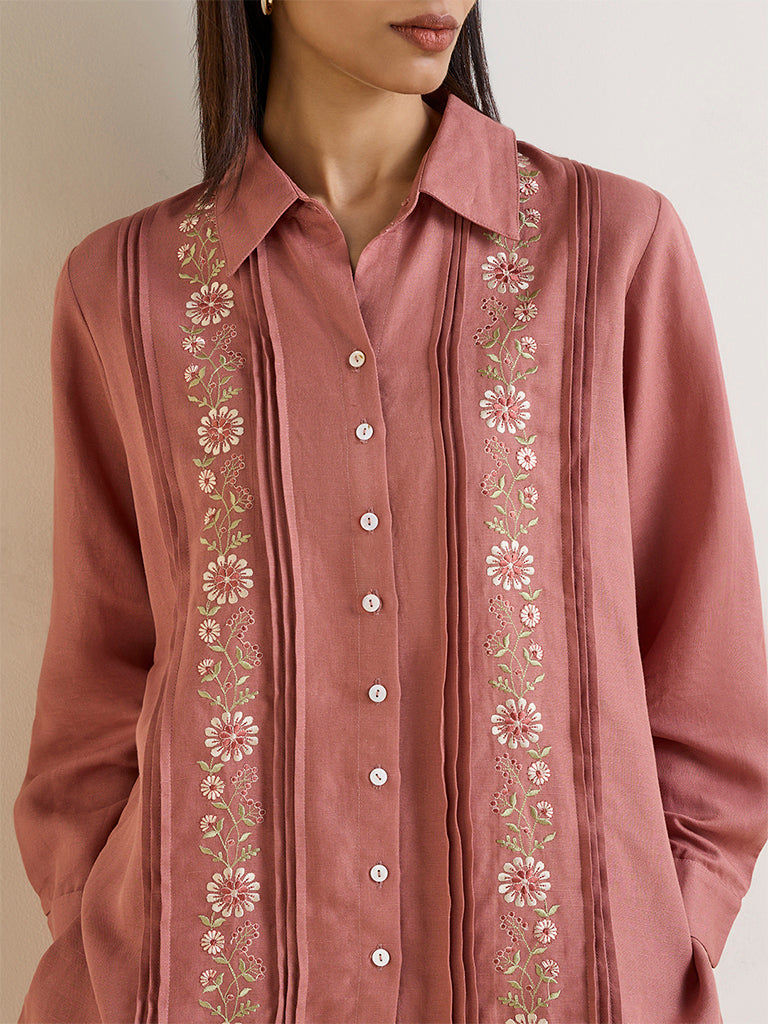 Zuba Dusty Pink Floral Embroidered Linen-Blend Tunic
