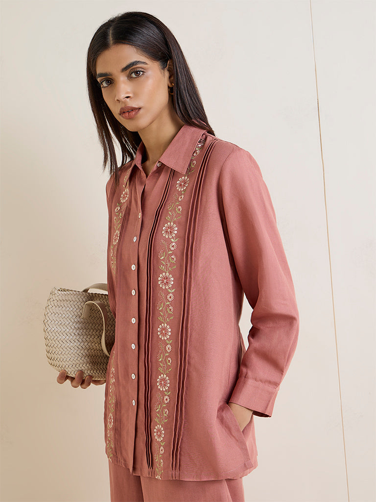 Zuba Dusty Pink Floral Embroidered Linen-Blend Tunic