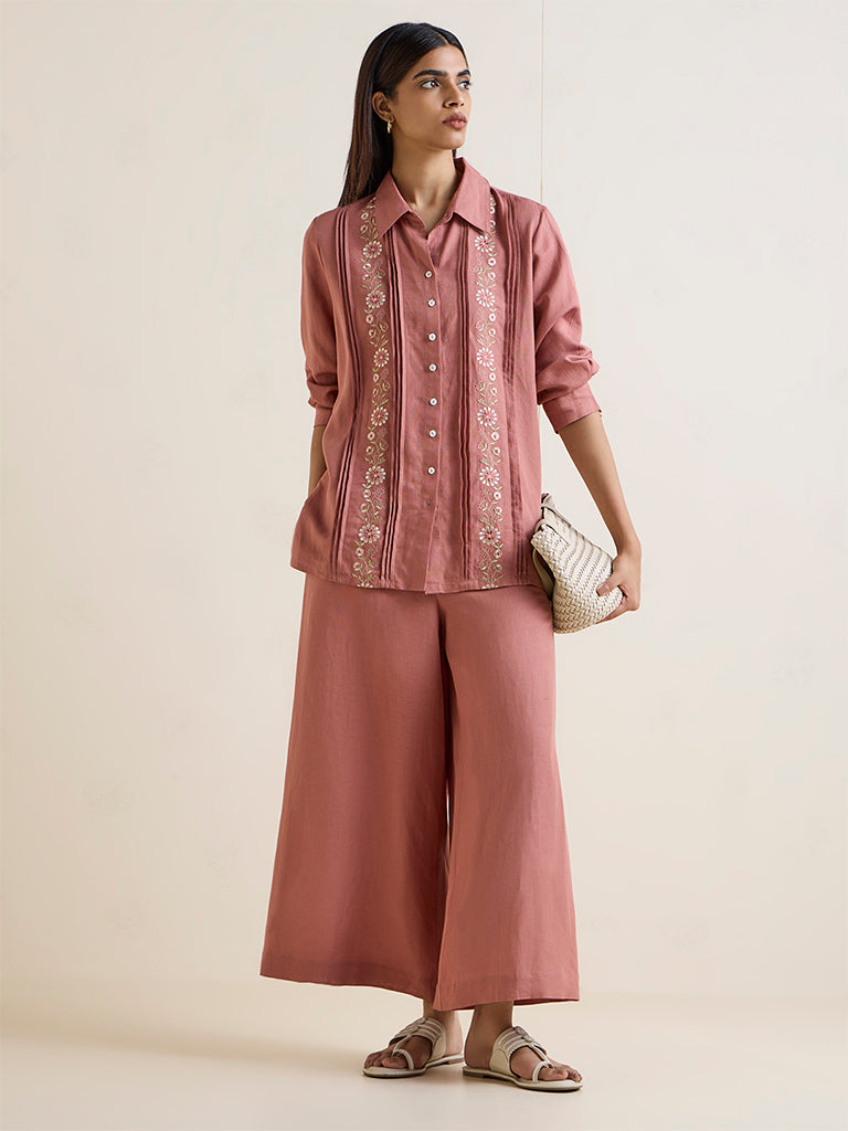 Zuba Dusty Pink Floral Embroidered Linen-Blend Tunic