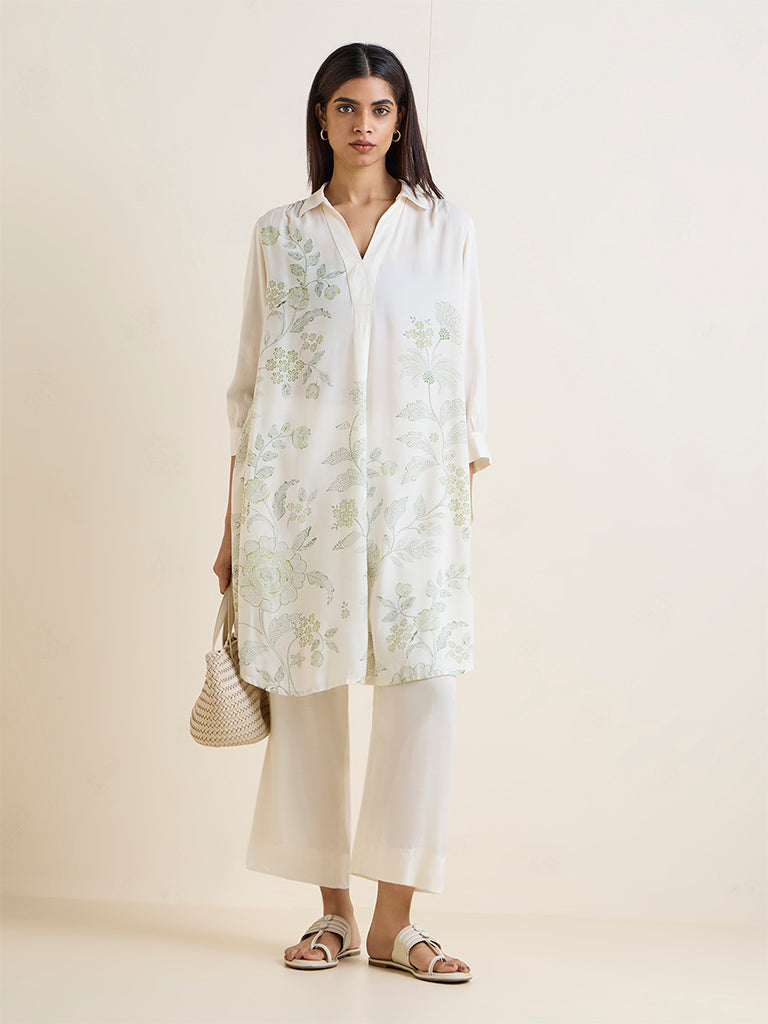 Zuba White Floral Printed A-Line Kurta