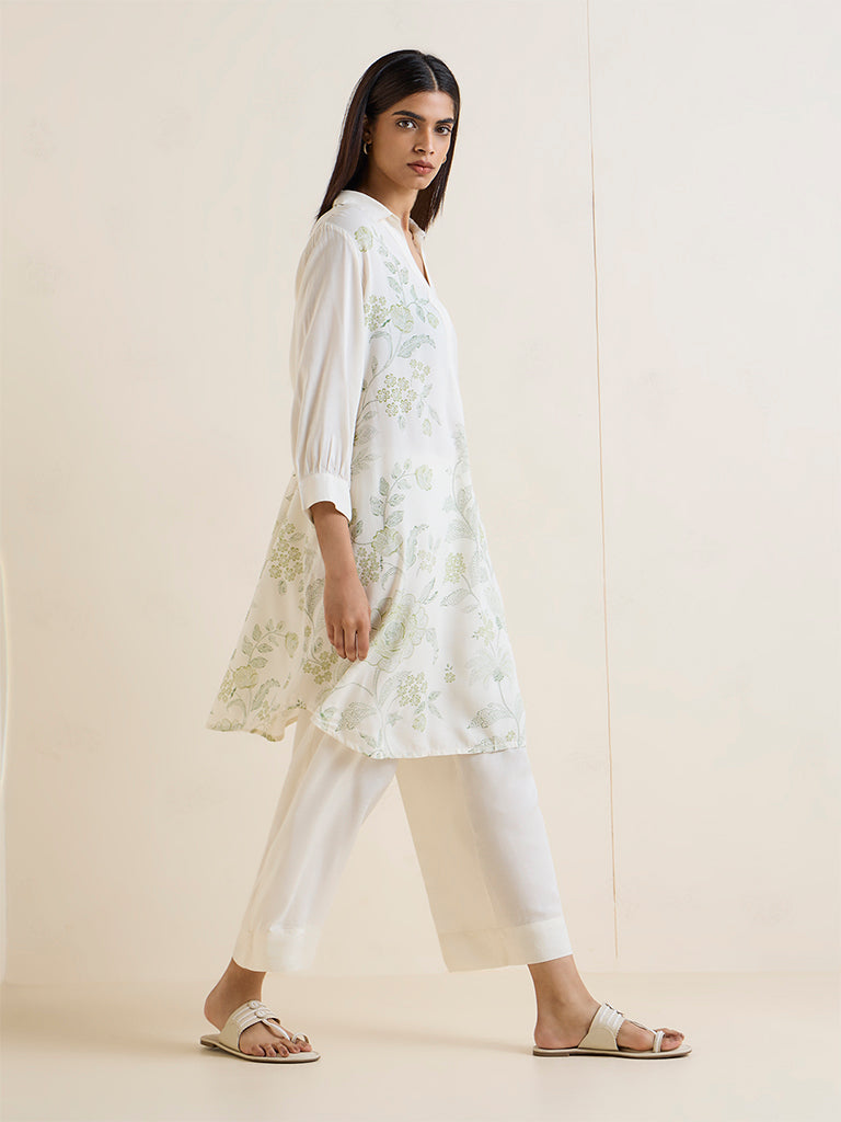 Zuba White Floral Printed A-Line Kurta