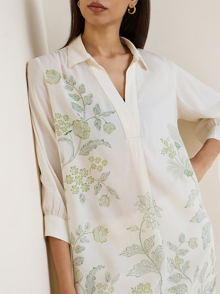 Zuba White Floral Printed A-Line Kurta