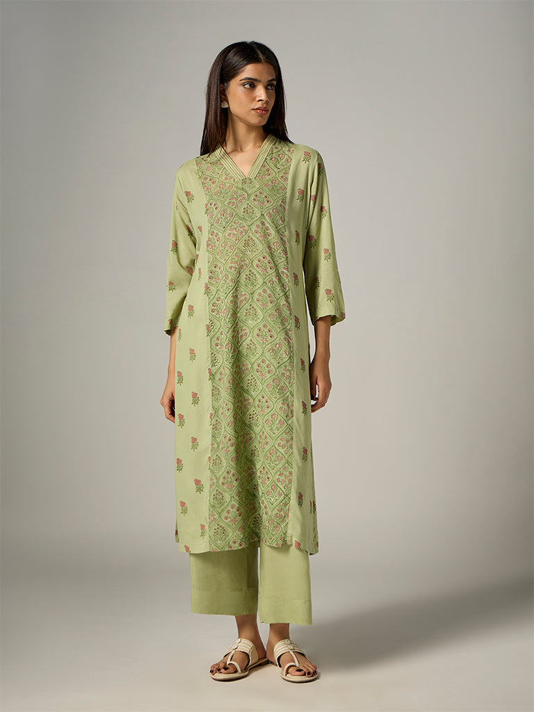 Zuba Light Green Floral Printed A-Line Kurta