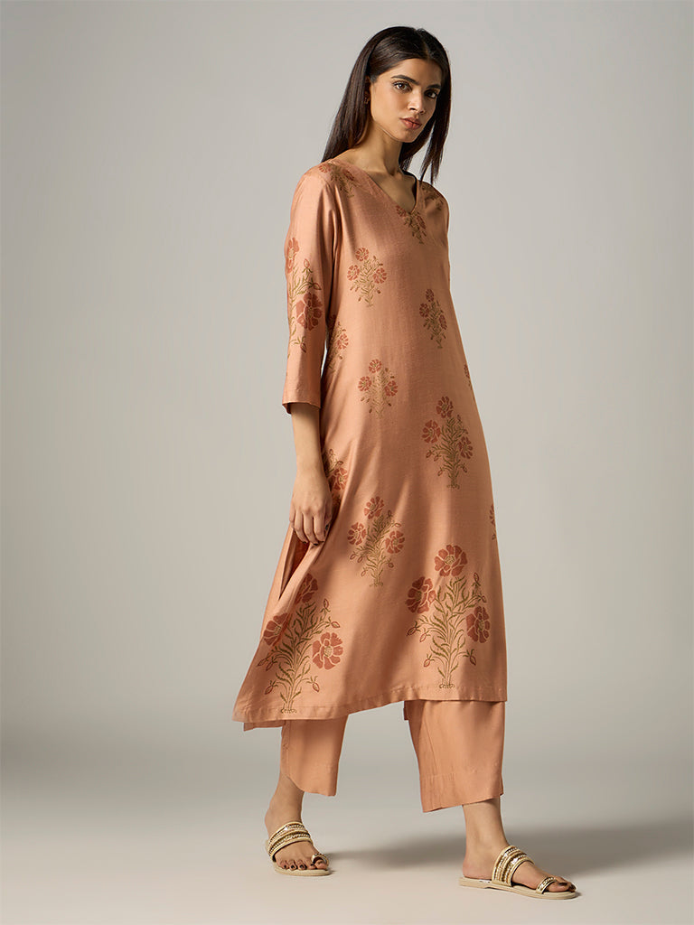 Zuba Peach Floral Pattern Cotton-Blend A-Line Kurta