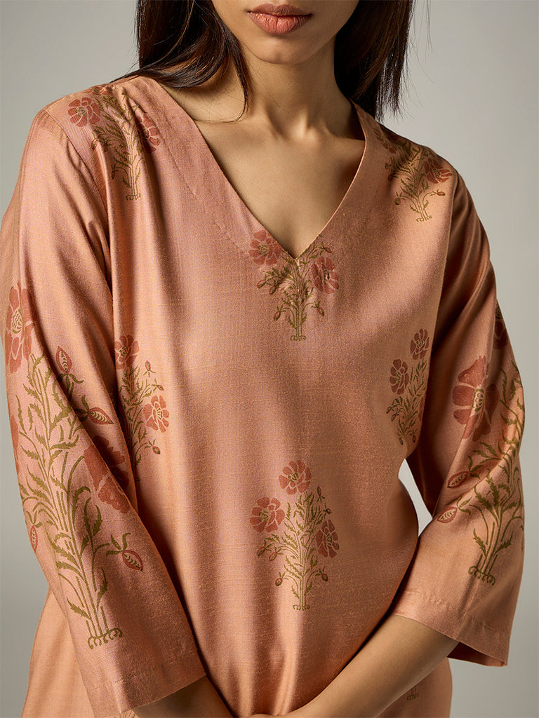 Zuba Peach Floral Pattern Cotton-Blend A-Line Kurta