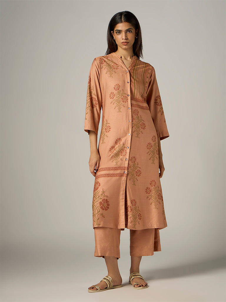 Zuba Peach Floral Printed A-Line Kurta