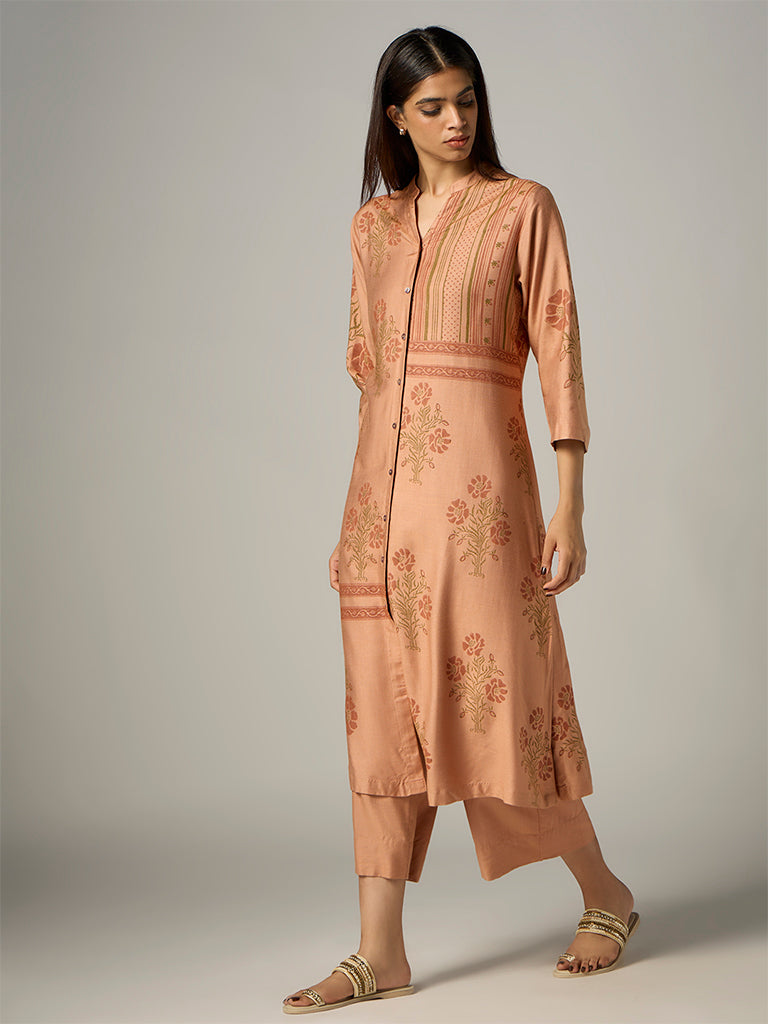 Zuba Peach Floral Printed A-Line Kurta