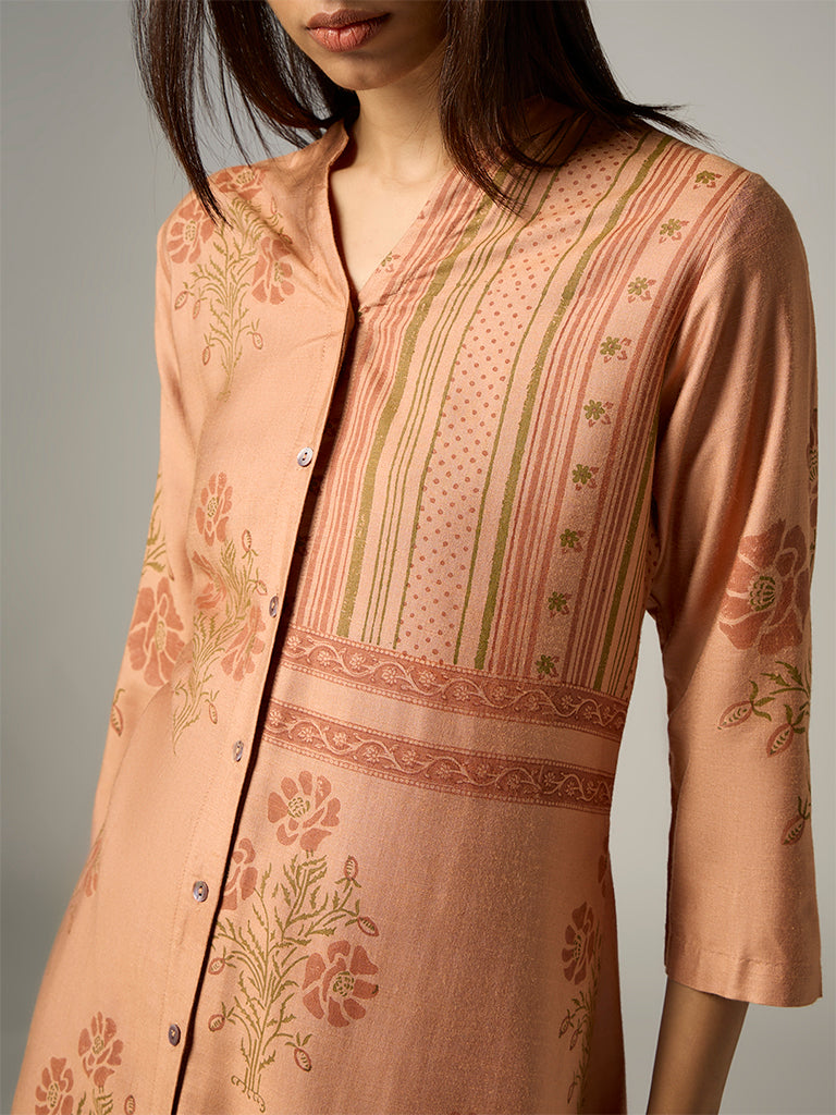 Zuba Peach Floral Printed A-Line Kurta