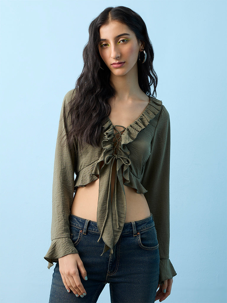 Nuon Olive Ruffled Tie-Up Blouse