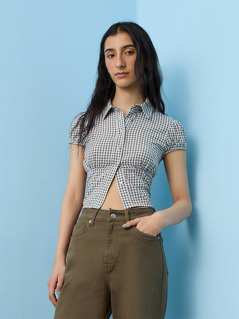 Nuon Olive Gingham Checkered Cotton Top