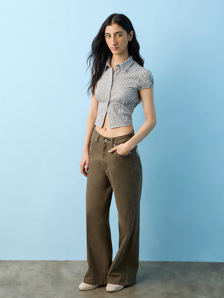 Nuon Olive Gingham Checkered Cotton Top