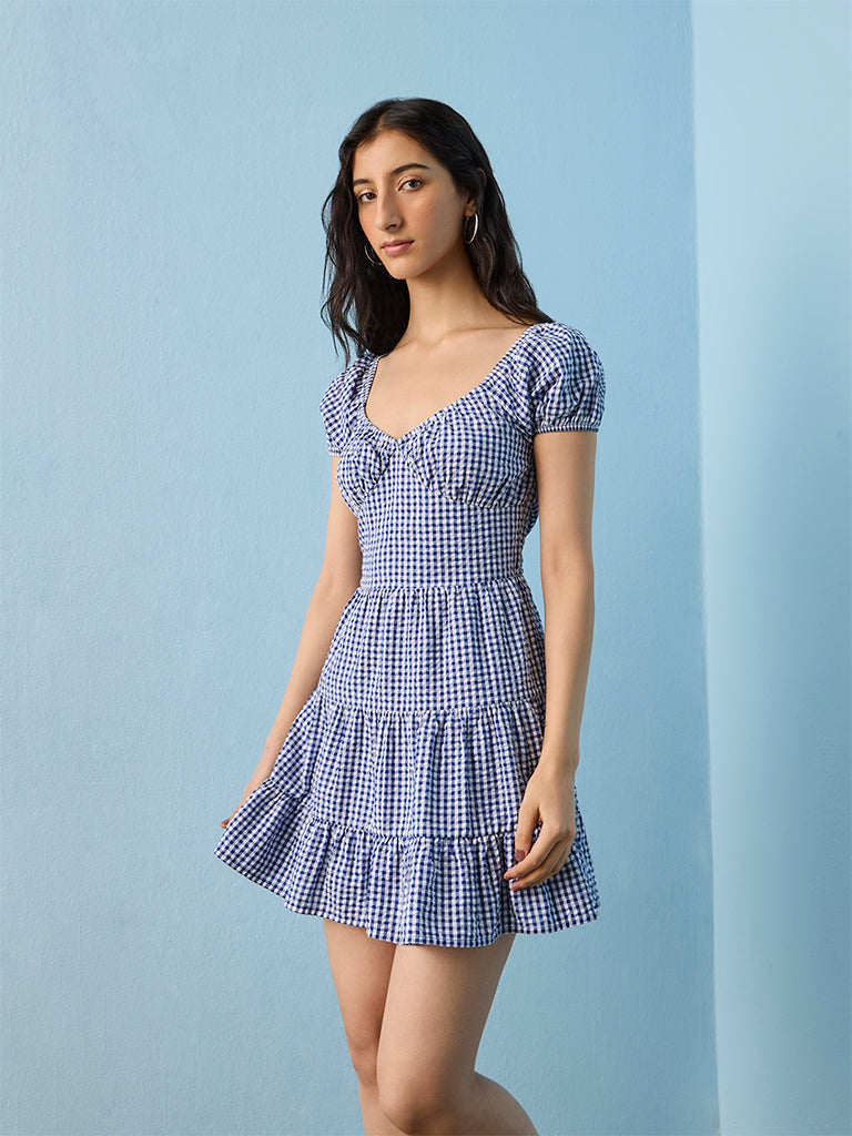 Nuon Blue Gingham Checkered Tiered Dress