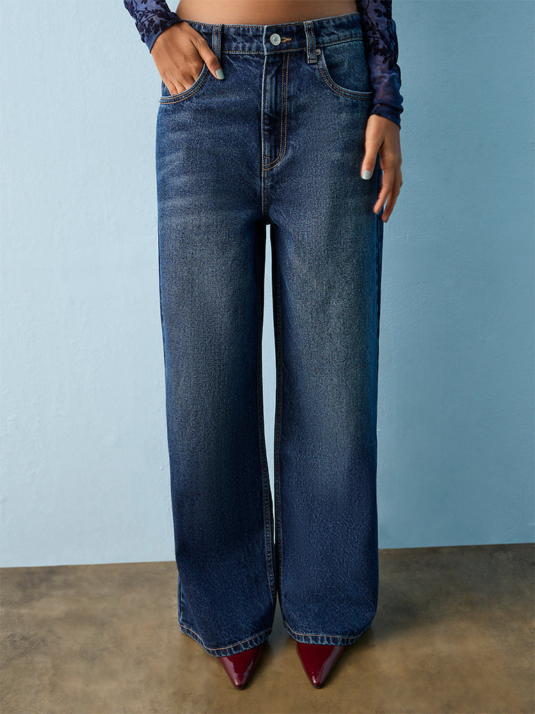Nuon Dark Blue Washed High-Rise Jeans