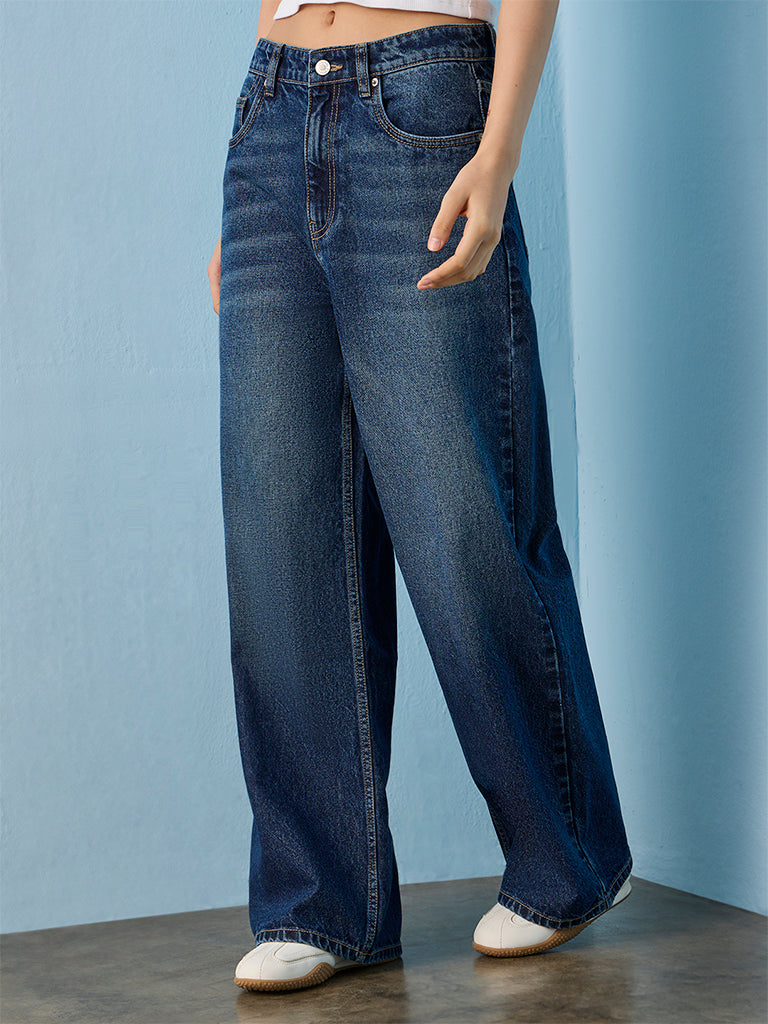 Nuon Dark Blue Washed High-Rise Jeans